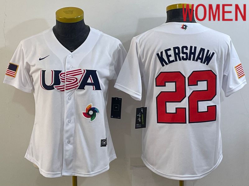 Women 2023 World Cub USA 22 Kershaw White Nike MLB Jersey1